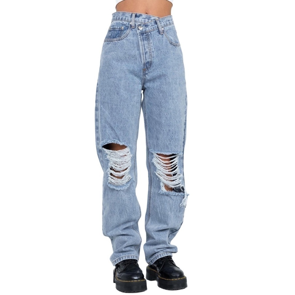 Princess Polly Holly Asymmetric Ripped Leg Jeans Light Wash Denim Size 2